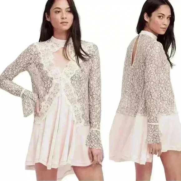 Free People Secret Origins Pieced Lace Choker Neck Tunic Dress White Size S - Picture 2 of 15